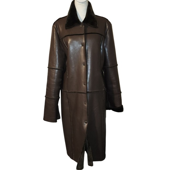 Pele For Outerwear Jackets & Blazers - Pele For Outerwear Brown Faux Shearling Leather Long Coat Womens Size Large
